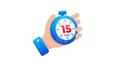 Çizgi filmde elinde mavi kronometre, saat başı 15 dakika, beyaz ve krom anahtar arka planda.