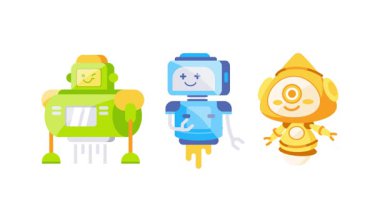 Çizgi film robotları katı renk arkaplanlarında hareket ediyor ve etkileşim halindeler