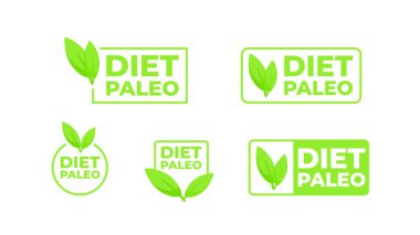 Beyaz ve mavi arka planda yeşil yapraklı diyet ve paleo logo animasyonu