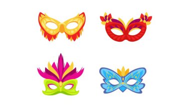 Beyaz ve mavi arka planlarda renkli karnaval maskeleri beliriyor