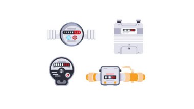 Su sayaçları ve ısı tahsisatçıları beyaz ve yeşil ekran arka planında döner ve izole edilir