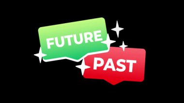 Renkli anahtar da dahil olmak üzere siyah ve mavi arkaplanlarda gelecek ve geçmiş kelimelerini içeren animasyon konuşma baloncukları gösterilir