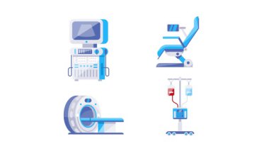Ultrason makinesi, muayene koltuğu, MRI tarayıcısı ve serum damlası içeren animasyon, sağlık projeleri için ideal