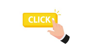 İşadamı işaret parmağıyla beyaz ve mavi ekranda sarı düğmeye basıyor.