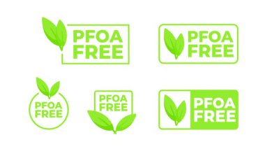 Yeşil yapraklı PFOA ücretsiz logolarını gösteren canlandırılmış simgeler, pazarlama ve reklam için kullanışlı