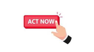 İş adamı parmağı şimdi kırmızı düğmeye basın beyaz ve yeşil ekran arkaplan