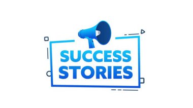 Megafon ve metin başlıklı animasyon başlığı Başarı Hikayeleri, beyaz ve yeşil ekran arka planında izole