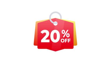 Kırmızı ve altın% 20 indirimli etiketli animasyon beyaz ve yeşil ekran arka planında