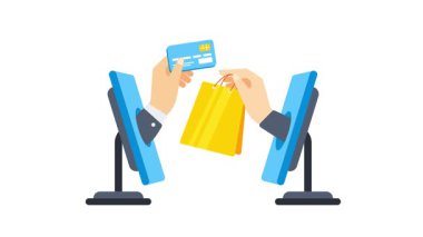 Alışveriş çantası ve kredi kartını bilgisayar ekranları aracılığıyla takas etmek.