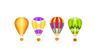 Beyaz ve mavi arka planlarda yükselen renkli sıcak hava balonlarının animasyonu, alfa kanallı