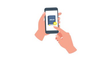 Eller bir akıllı telefon tutuyor, beyaz ve yeşil ekran arkaplanında bir kitabı kaydırıyor ve indiriyor.