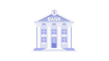 Sütunları ve dolar işareti olan banka binası beyaz ve yeşil ekran arka planında kusursuz döngü animasyonu ortaya çıkıyor