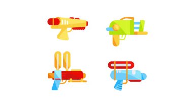 Su tabancaları beyaz ve mavi arkaplanda farklı renk ve şekillerde sergilenir.