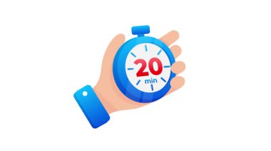 Çizgi filmdeki el, üzerinde 20 dakika olan mavi kronometreyi tutuyor, beyaz ve yeşil ekran arka planında izole edilmiş.