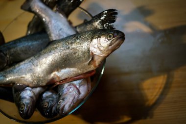 Taze alabalıklar kasede.