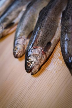 Tahtada taze alabalıklar.