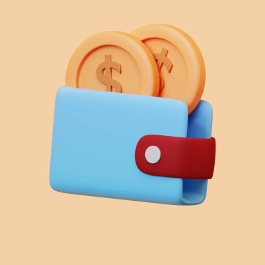 Turuncu arka planda dolar sembolü olan mavi bir cüzdanın 3 boyutlu görüntüsü. Para ve tasarruf kavramı.