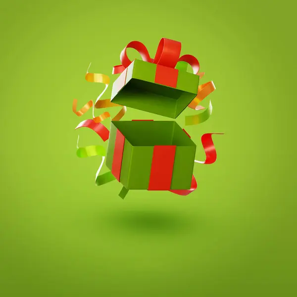 リボンの弓が付いている開いた緑のクリスマスのギフト用の箱3Dの設計 — ストック写真
