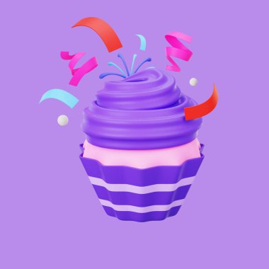 parti tasarımı. konfeti ve kekler mor arkaplanda