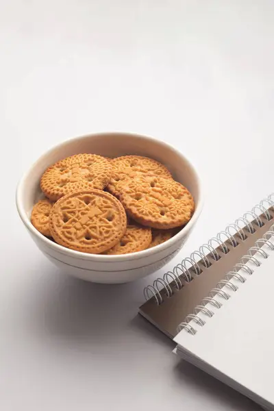 Butter Biscuits Sweet Cookies Plate Notebooks — Stock Photo, Image