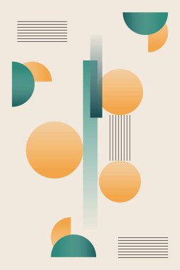 Çemberler ve kareler dahil çeşitli şekil ve renklere sahip soyut bir poster.