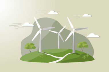 Arka planda bulutlu bir gökyüzü olan bir alanda üç rüzgar türbini gösteriliyor