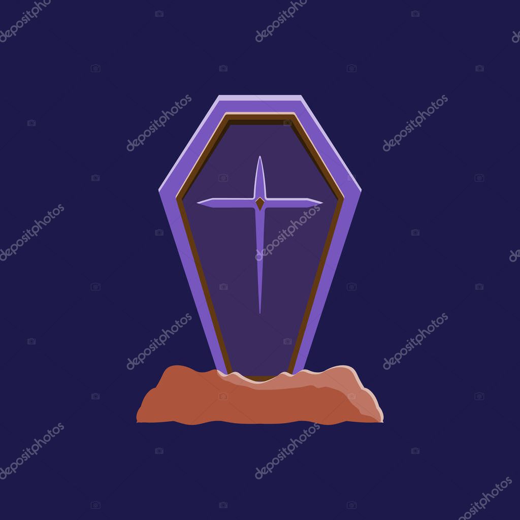 A purple coffin with a cross on it