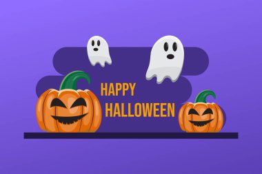 A Halloween sign with two ghosts and two pumpkins clipart