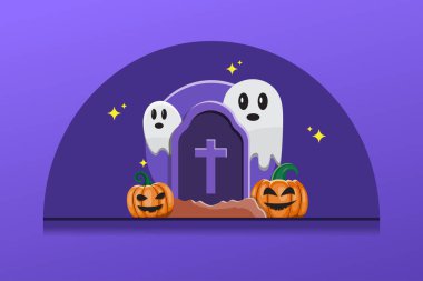 Haçlı mor bir arka plan ve iki hayalet. Hayaletler kameraya bakıyor. Yerde iki balkabağı var.