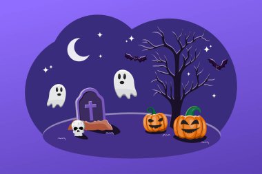 A Halloween themed drawing of a graveyard with a cross and three ghosts clipart