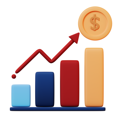 Üzerinde dolar işareti olan bir grafik ve yukarı bakan kırmızı bir ok.