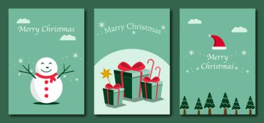 Kardan adamla, hediyelerle ve ağaçlarla mutlu noel kartları