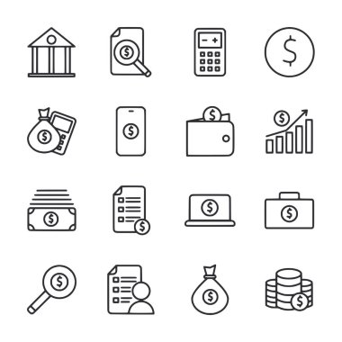 Hesap makinesi, banka, cüzdan ve dizüstü bilgisayar dahil bir dizi finansal ikon. Simgelerin hepsi siyah beyaz.