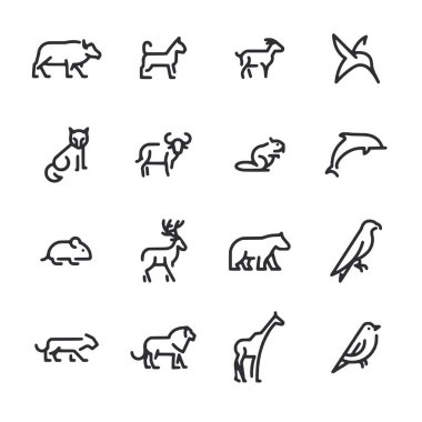Siyah beyaz bir takım hayvan ikonları. İkonlar arasında bir kedi, köpek, kuş, balık ve diğer hayvanlar yer alıyor.