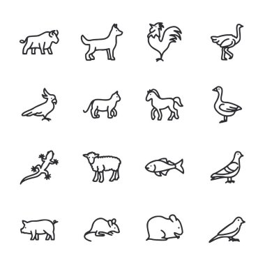 A set of animal icons in black and white. The icons include a chicken, a dog, a cat, a horse, a cow, a pig, a bird, a fish, a mouse, a rat, a snake, a frog