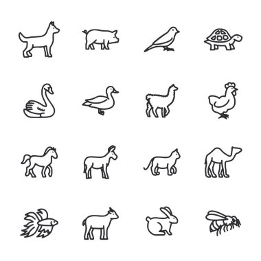 Siyah beyaz hayvan ikonlarından oluşan bir koleksiyon. İkonlar arasında bir köpek, kedi, kuş, at, keçi, inek ve çeşitli diğer hayvanlar yer alıyor.