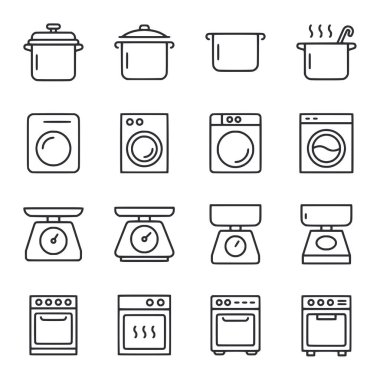 Soba, fırın ve mikrodalga fırın gibi mutfak aletleri. Cihazların hepsi en sağdaki fırın ve en soldaki mikrodalga fırın ile sıraya dizildi.