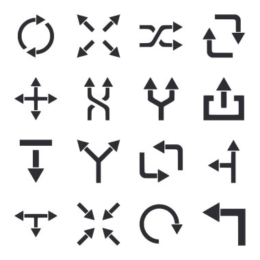 Farklı şekil ve boyutlarda siyah ok simgeleri. Oklar farklı yönleri gösteriyor ve bazıları eğri. Sahne organizasyon ve yönlerden biridir.