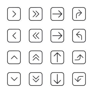 Üzerinde oklar olan bir dizi siyah beyaz simge. Simgeler bir ızgaraya dizilir ve yukarı, aşağı, sola ve sağa bakan okları içerir