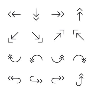 Çeşitli yön ve boyutlarda bir ok seti. Oklar farklı yönleri gösteriyor. Bazıları yukarı, aşağı, sola ve sağa bakıyor. Sahne hareket ve yönlerden biridir.