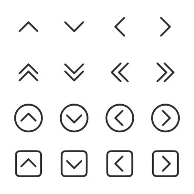 Oklu ve işaretli ikonlar. Simgelerin hepsi siyah beyaz. Simgeler dört satır ve dört sütuna sahip bir ızgarada düzenlenir