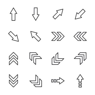 Çeşitli yön ve boyutlarda bir ok seti. Oklar farklı yönleri gösteriyor. Bazıları yukarı, aşağı, sola ve sağa bakıyor. Sahne hareket ve yönlerden biridir.