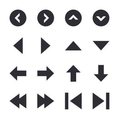 Değişik şekil ve boyutlarda siyah ok simgeleri var. Oklar farklı yönleri gösteriyor, sol, sağ, yukarı ve aşağı dahil. Sahne basit ve basit.