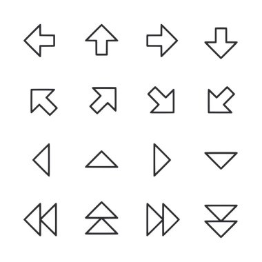 Çeşitli yön ve boyutlarda bir ok seti. Oklar farklı yönleri gösteriyor. Bazıları yukarı, aşağı, sola ve sağa bakıyor. Sahne hareket ve yönlerden biridir.