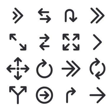 Çeşitli yön ve boyutlarda bir ok seti. Oklar tamamen siyah ve farklı yönlerde.