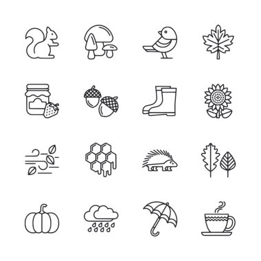 Görüntü, bir sincap, bir kuş, bir akçaağaç yaprağı ve bir balkabağı da dahil olmak üzere çeşitli mevsimlik simgelerin bir koleksiyonudur.