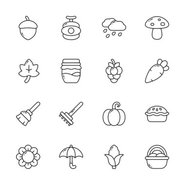 12 farklı yiyecek ve bahçe ikonu. İkonlar arasında bir balkabağı, bir havuç, bir yaprak, bir fincan, bir pasta, bir kek, bir kase, bir kaşık, bir çatal, bir bıçak, bir muz,