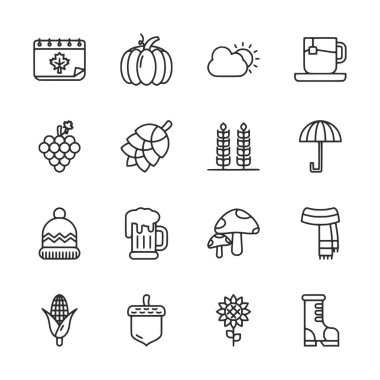 Bir balkabağı, şemsiye ve bir fincan kahve içeren mevsimlik ikonlar koleksiyonu. Simgeler bir ızgaraya yerleştirilmiş ve hepsi siyah beyaz.