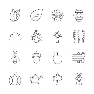 Bir yaprak, ağaç, arı, balkabağı ve yel değirmeni içeren doğayla ilgili ikonlar koleksiyonu.