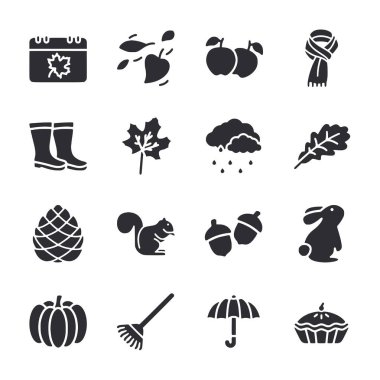 Sonbahar sezonu için siyah beyaz ikonlar koleksiyonu. Simgeler arasında bir balkabağı, bir şemsiye, bir yaprak, bir sincap, bir tavşan, bir elma, bir yaprak, bir yaprak, bir yaprak, bir yaprak, bir yaprak yer alıyor.